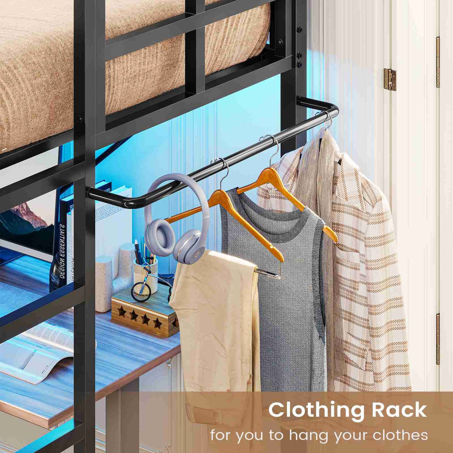 Hasuit | Twin Loft Bed with LED Lights Metal Loft Bed Twin Size with Full-Length Guardrail &Clothes Rack No Box Spring Needed