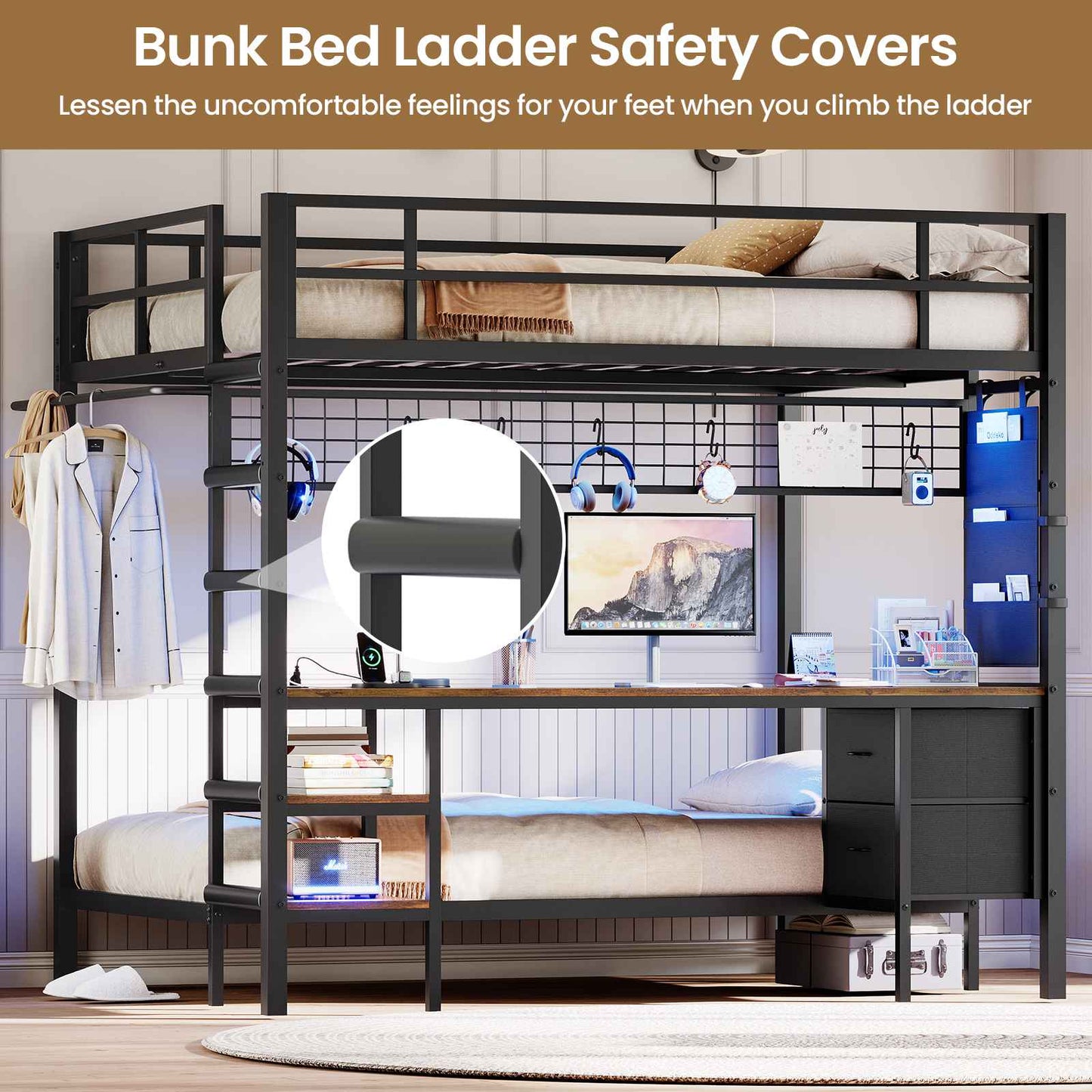 Hasuit | Full Over Twin Bunk Bed with Desk Convertible Storage Shelf Metal Loft Bed with Led Lights & Charging Station Bunk Beds for Teens with Safety Guard & Stairs