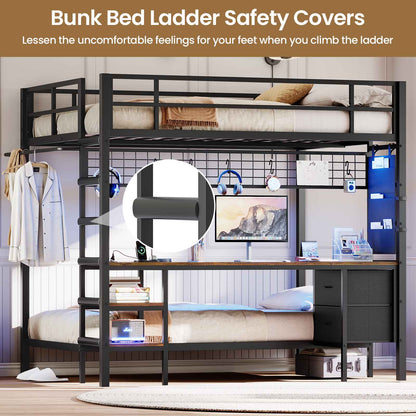 Hasuit | Full Over Twin Bunk Bed with Desk Convertible Storage Shelf Metal Loft Bed with Led Lights & Charging Station Bunk Beds for Teens with Safety Guard & Stairs