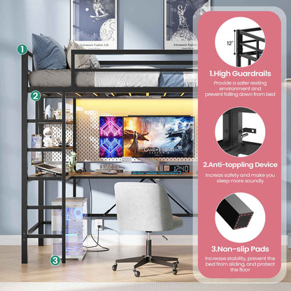 Hasuit | Twin Size Loft Bed with Desk U-Shaped Heavy Duty Metal Frame & Built-in Charging Station Safety Guardrails and Open Shelves