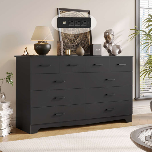 Hasuit | 55.1 Inch Wide 10 Drawer Dresser Large Chest of Drawers with Charging Station Wide Storage Clothes Closet Organizer