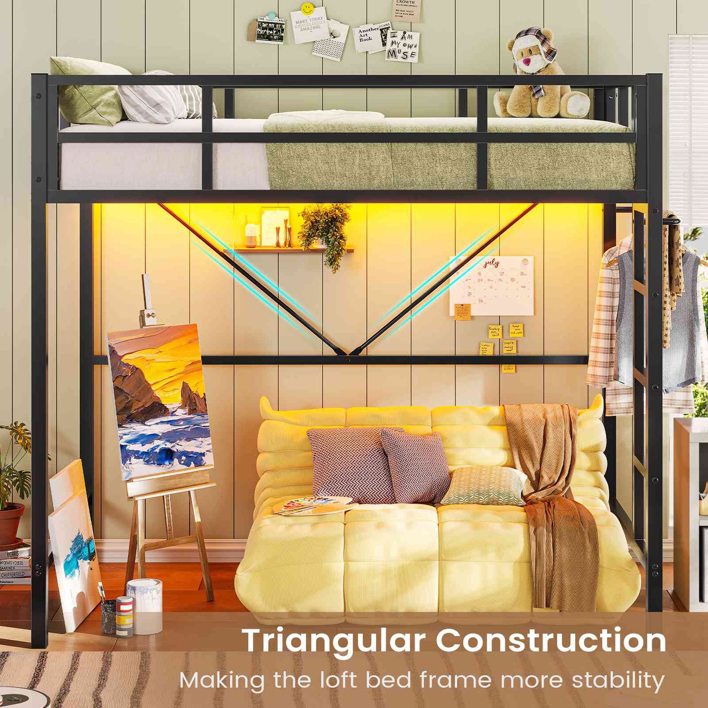 Hasuit | Twin Loft Bed with LED Lights Metal Loft Bed Twin Size with Full-Length Guardrail &Clothes Rack No Box Spring Needed