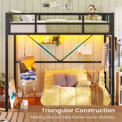 Hasuit | Twin Loft Bed with LED Lights Metal Loft Bed Twin Size with Full-Length Guardrail &Clothes Rack No Box Spring Needed