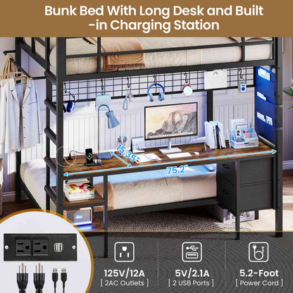 Hasuit | Full Over Twin Bunk Bed with Desk Convertible Storage Shelf Metal Loft Bed with Led Lights & Charging Station Bunk Beds for Teens with Safety Guard & Stairs