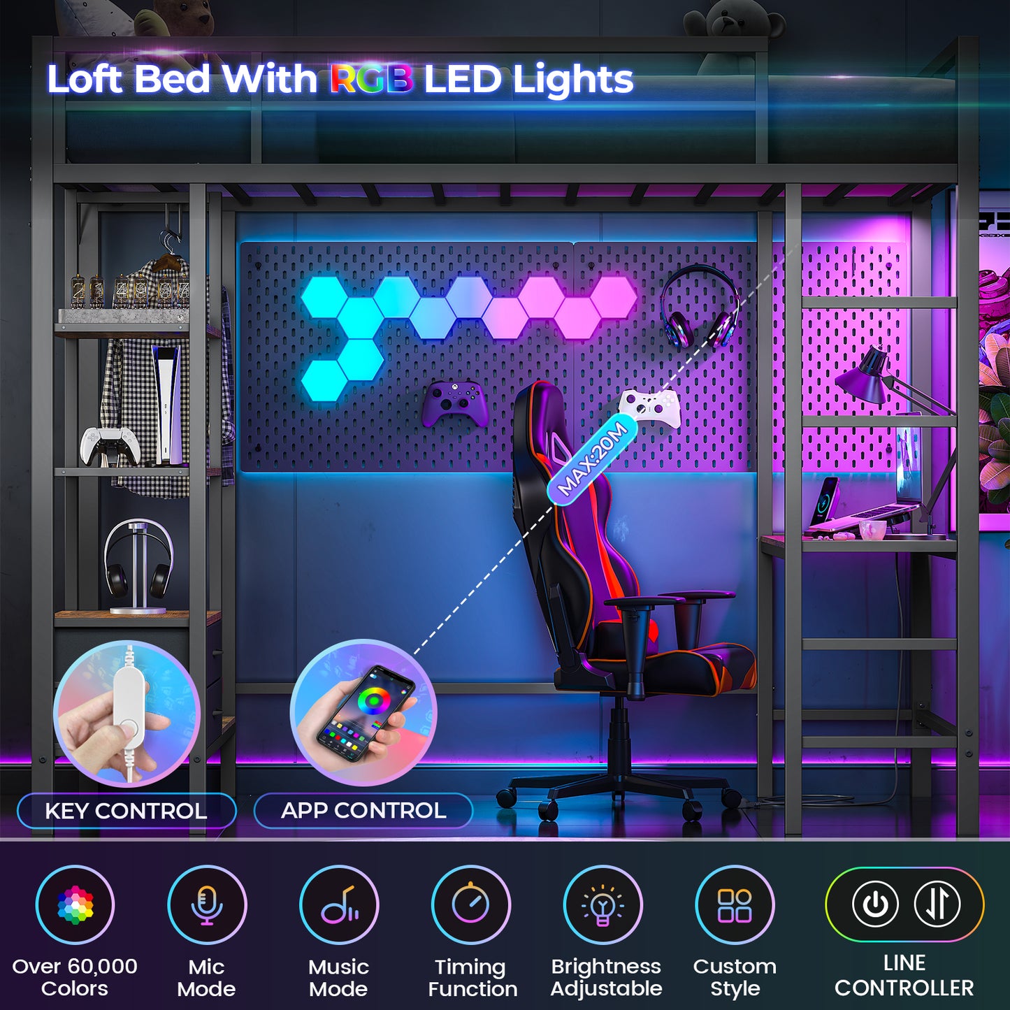 Hasuit | Loft Bed Twin Size with Desk and Charging Station Metal Twin Loft Bed with LED Lights 4 Storage Shelves and Safety Guard