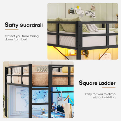 Hasuit | Twin Loft Bed with LED Lights Metal Loft Bed Twin Size with Full-Length Guardrail &Clothes Rack No Box Spring Needed