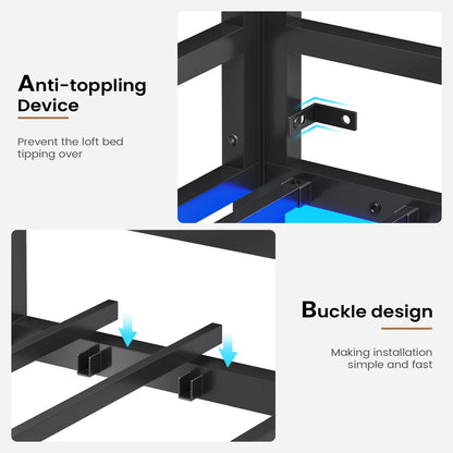 Hasuit | Twin Loft Bed with LED Lights Metal Loft Bed Twin Size with Full-Length Guardrail &Clothes Rack No Box Spring Needed