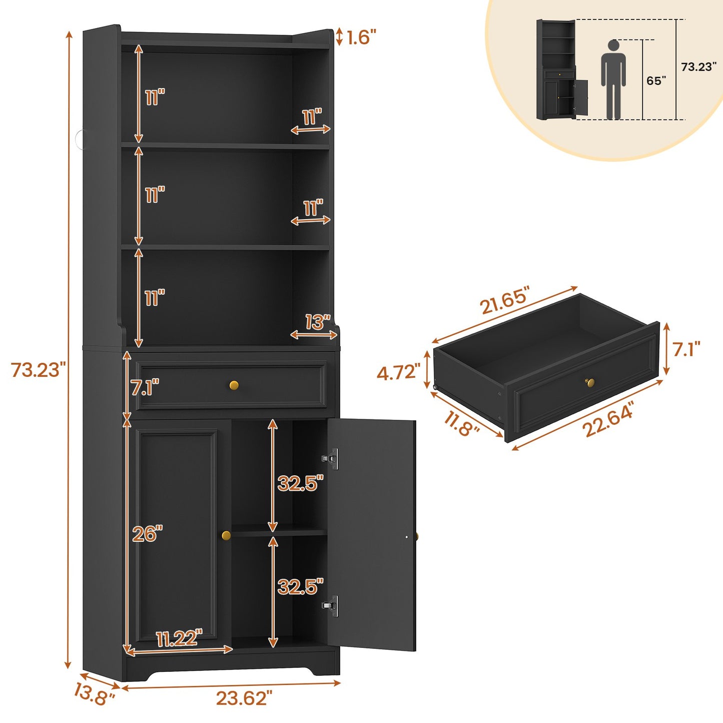 Hasuit | 73 Inch Tall Bookshelves with Doors and Drawer & Shelves Bookcase with Storage Floor Standing 7 Shelf Display Cabinet
