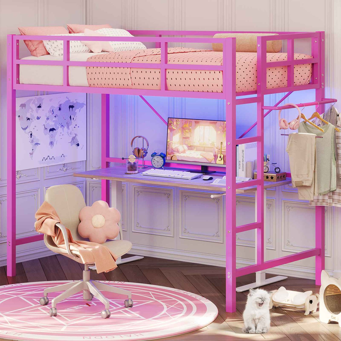 Hasuit | Twin Loft Bed with LED Lights Metal Loft Bed Twin Size with Full-Length Guardrail &Clothes Rack No Box Spring Needed