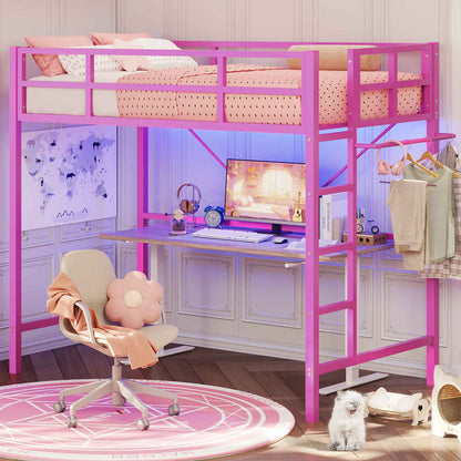 Hasuit | Twin Loft Bed with LED Lights Metal Loft Bed Twin Size with Full-Length Guardrail &Clothes Rack No Box Spring Needed