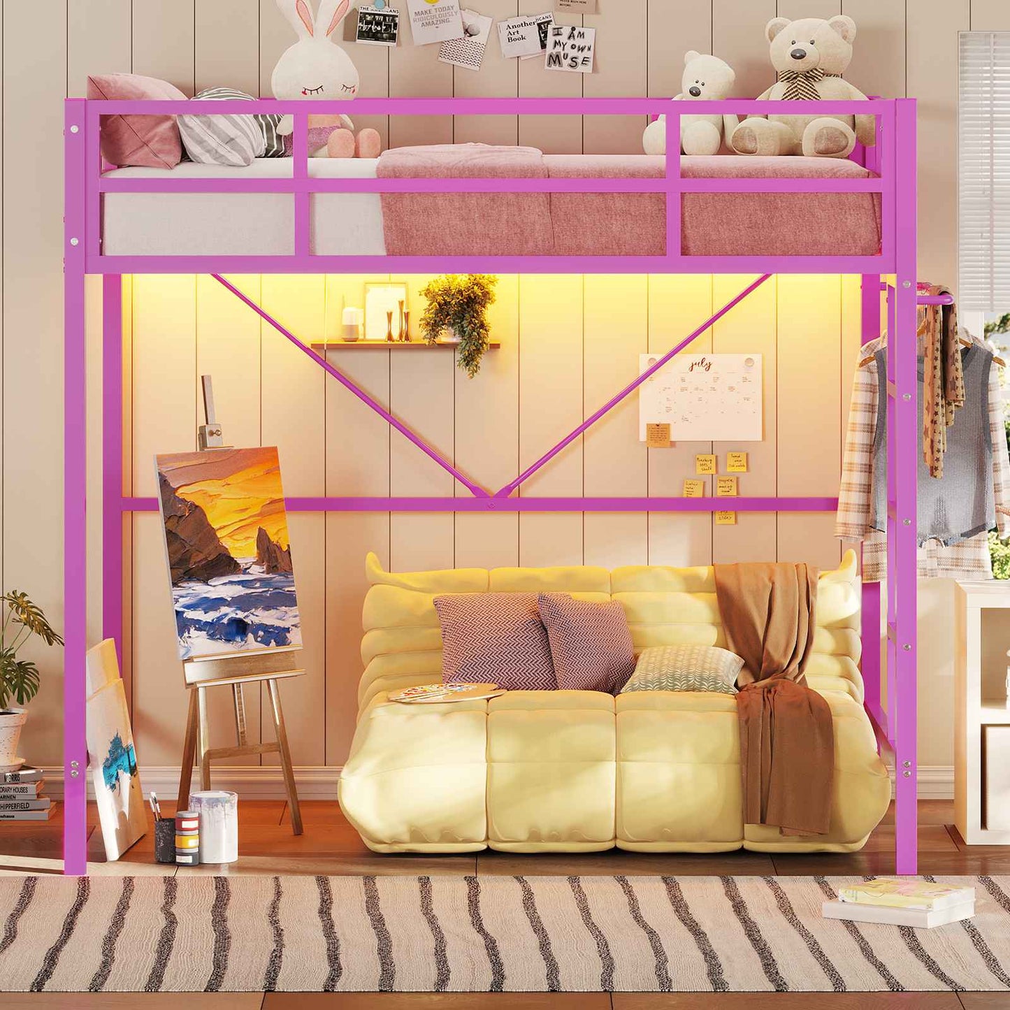 Hasuit | Twin Loft Bed with LED Lights Metal Loft Bed Twin Size with Full-Length Guardrail &Clothes Rack No Box Spring Needed