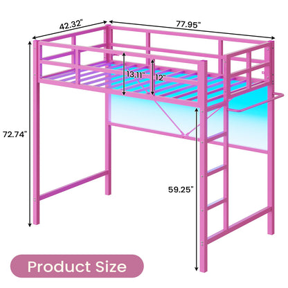 Hasuit | Twin Loft Bed with LED Lights Metal Loft Bed Twin Size with Full-Length Guardrail &Clothes Rack No Box Spring Needed