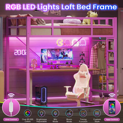 Hasuit | Twin Loft Bed with LED Lights Metal Loft Bed Twin Size with Full-Length Guardrail &Clothes Rack No Box Spring Needed