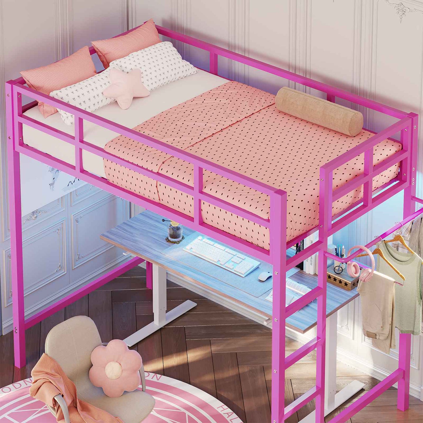 Hasuit | Twin Loft Bed with LED Lights Metal Loft Bed Twin Size with Full-Length Guardrail &Clothes Rack No Box Spring Needed
