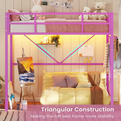 Hasuit | Twin Loft Bed with LED Lights Metal Loft Bed Twin Size with Full-Length Guardrail &Clothes Rack No Box Spring Needed