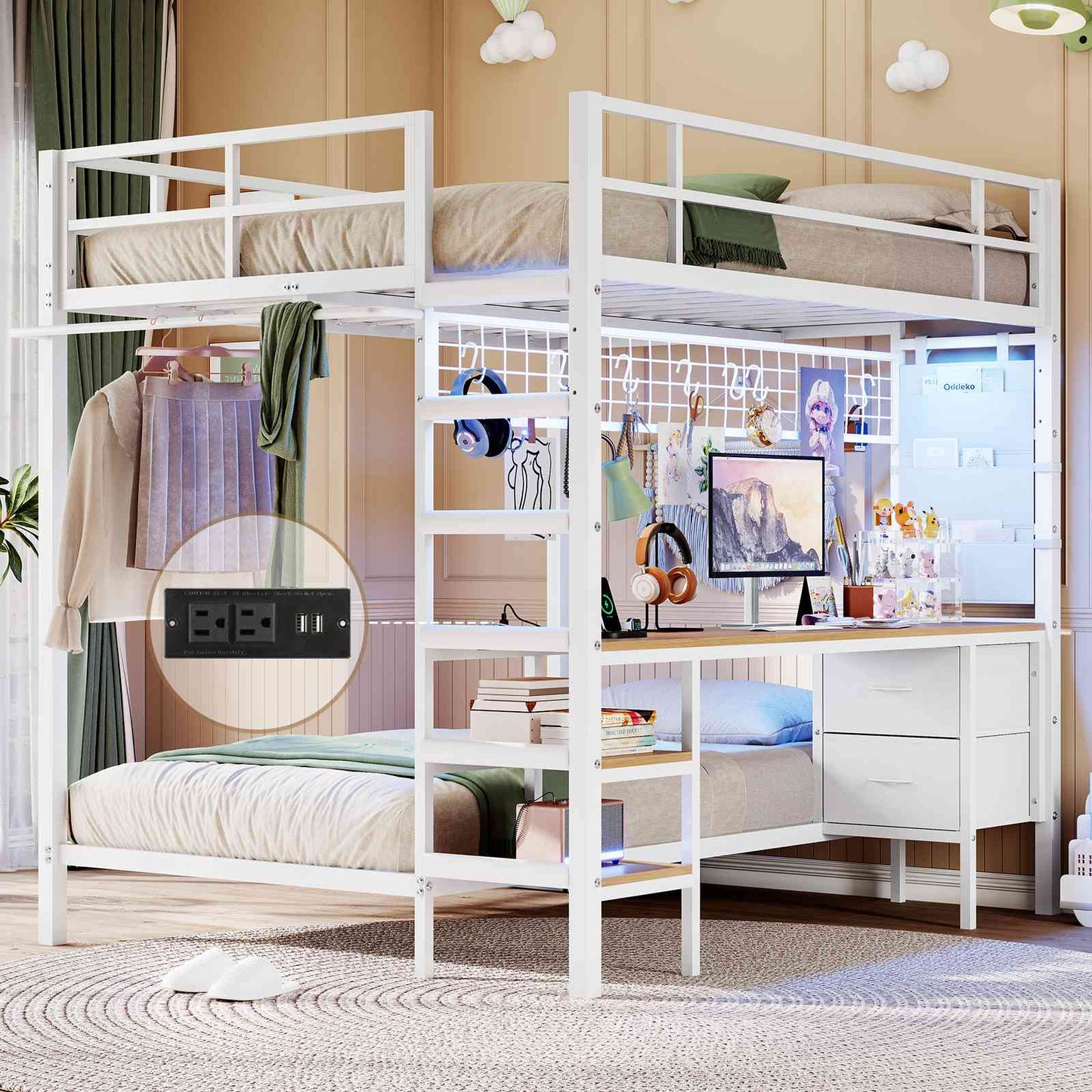 Hasuit | Full Over Twin Bunk Bed with Desk Convertible Storage Shelf Metal Loft Bed with Led Lights & Charging Station Bunk Beds for Teens with Safety Guard & Stairs
