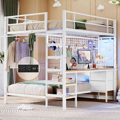 Hasuit | Full Over Twin Bunk Bed with Desk Convertible Storage Shelf Metal Loft Bed with Led Lights & Charging Station Bunk Beds for Teens with Safety Guard & Stairs