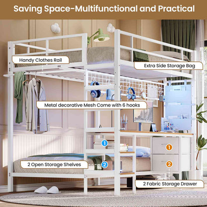 Hasuit | Full Over Twin Bunk Bed with Desk Convertible Storage Shelf Metal Loft Bed with Led Lights & Charging Station Bunk Beds for Teens with Safety Guard & Stairs
