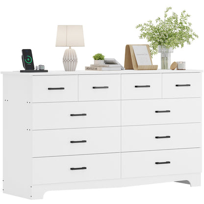 Hasuit | 55.1 Inch Wide 10 Drawer Dresser Large Chest of Drawers with Charging Station Wide Storage Clothes Closet Organizer