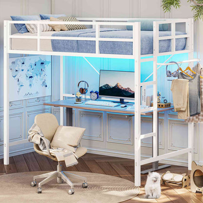 Hasuit | Twin Loft Bed with LED Lights Metal Loft Bed Twin Size with Full-Length Guardrail &Clothes Rack No Box Spring Needed
