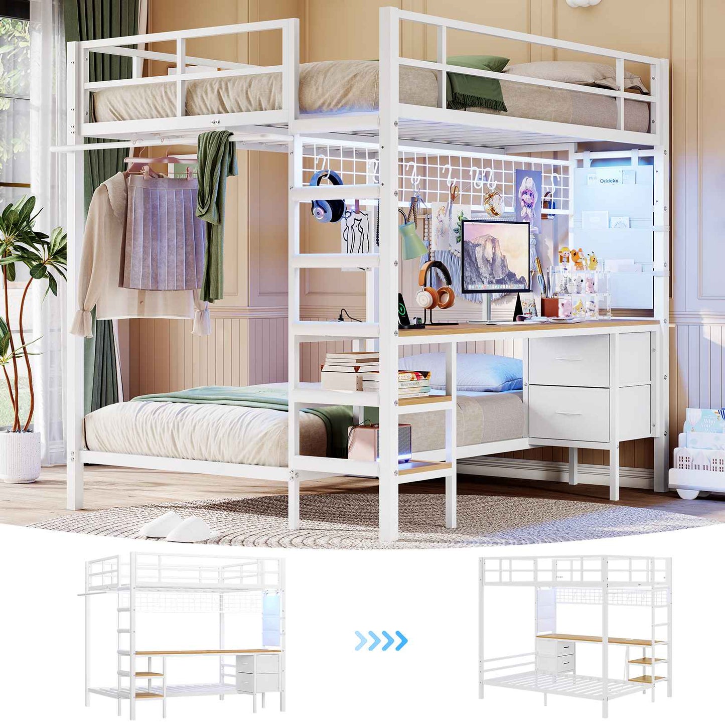 Hasuit | Full Over Twin Bunk Bed with Desk Convertible Storage Shelf Metal Loft Bed with Led Lights & Charging Station Bunk Beds for Teens with Safety Guard & Stairs