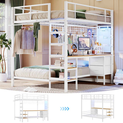 Hasuit | Full Over Twin Bunk Bed with Desk Convertible Storage Shelf Metal Loft Bed with Led Lights & Charging Station Bunk Beds for Teens with Safety Guard & Stairs