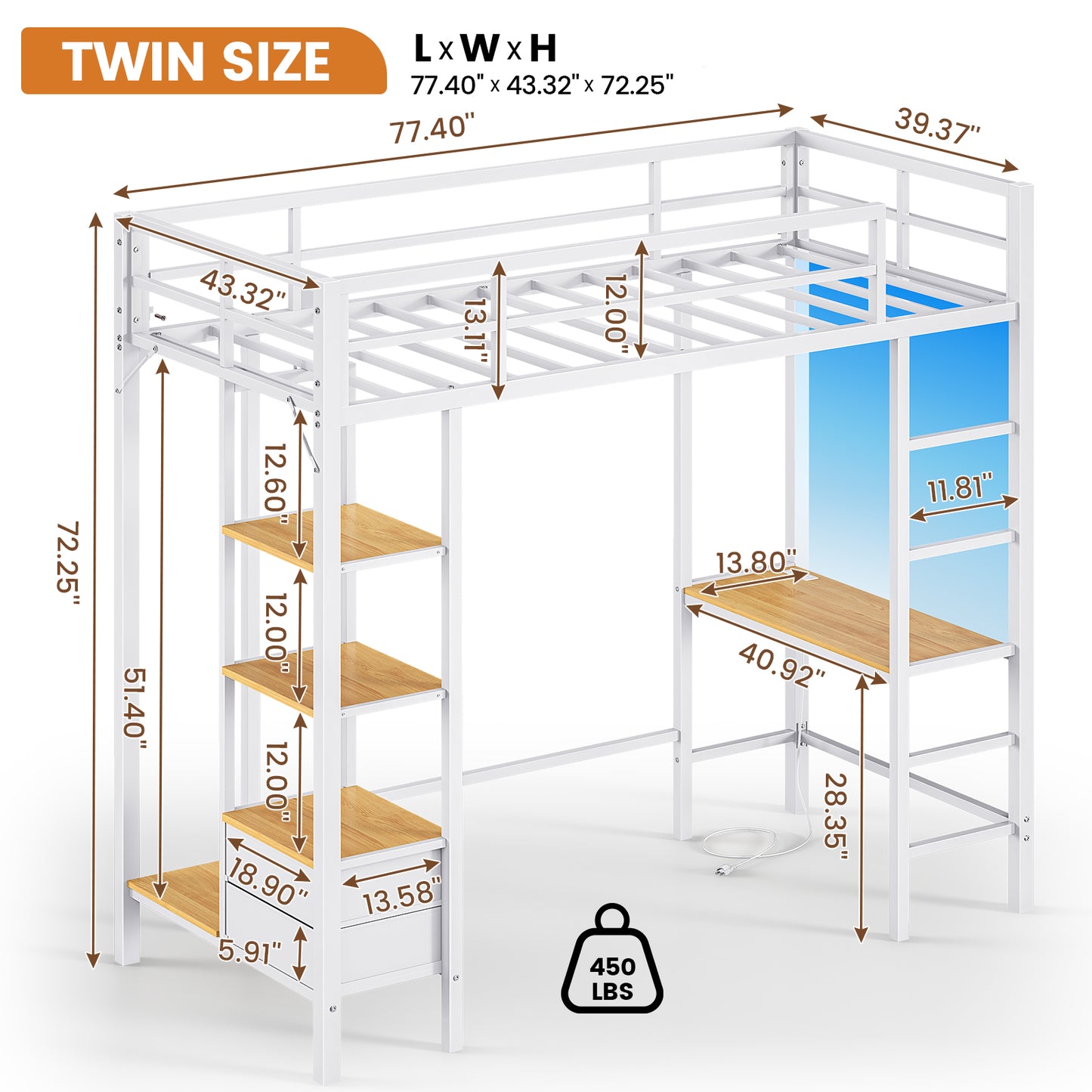 Hasuit | Loft Bed Twin Size with Desk and Charging Station Metal Twin Loft Bed with LED Lights 4 Storage Shelves and Safety Guard