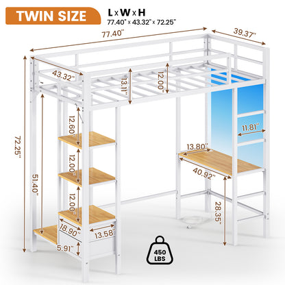 Hasuit | Loft Bed Twin Size with Desk and Charging Station Metal Twin Loft Bed with LED Lights 4 Storage Shelves and Safety Guard