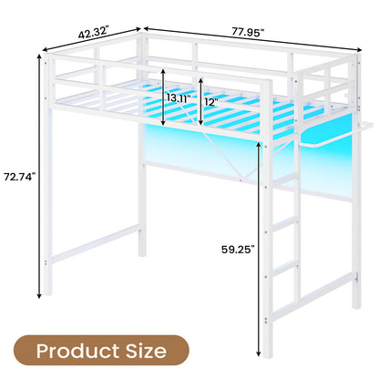 Hasuit | Twin Loft Bed with LED Lights Metal Loft Bed Twin Size with Full-Length Guardrail &Clothes Rack No Box Spring Needed