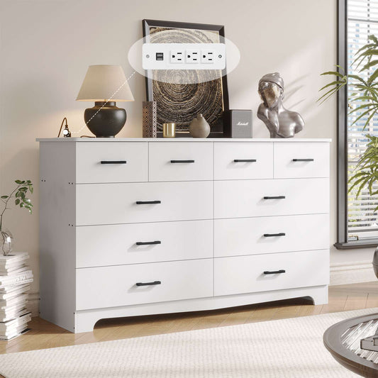 Hasuit | 55.1 Inch Wide 10 Drawer Dresser Large Chest of Drawers with Charging Station Wide Storage Clothes Closet Organizer