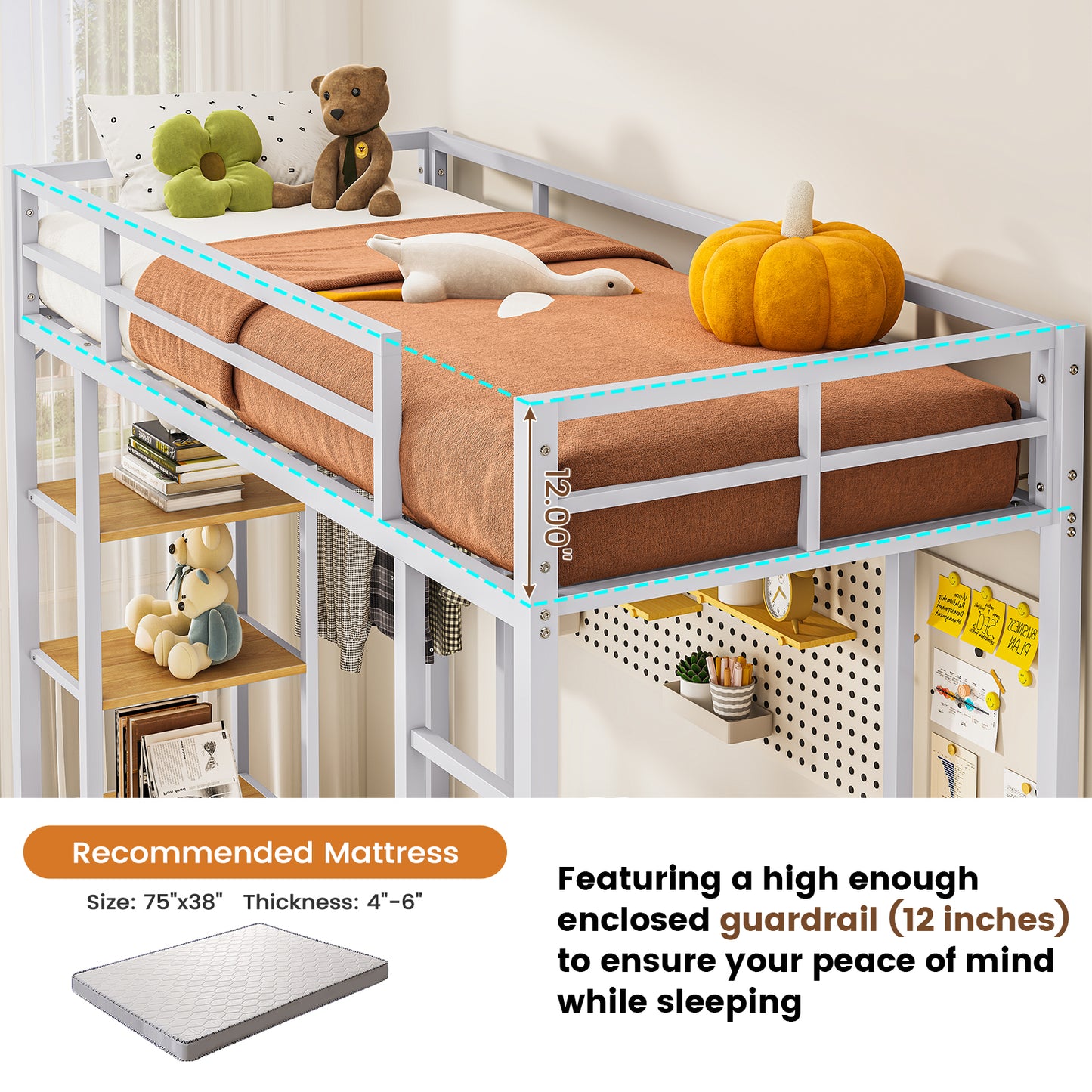 Hasuit | Loft Bed Twin Size with Desk and Charging Station Metal Twin Loft Bed with LED Lights 4 Storage Shelves and Safety Guard