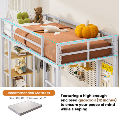 Hasuit | Loft Bed Twin Size with Desk and Charging Station Metal Twin Loft Bed with LED Lights 4 Storage Shelves and Safety Guard