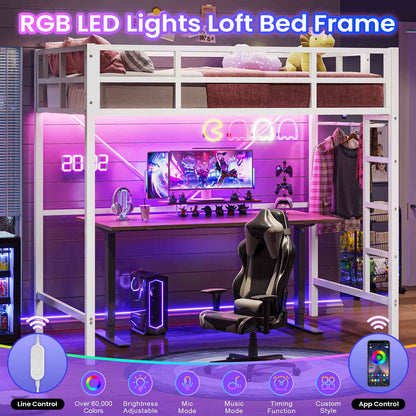 Hasuit | Twin Loft Bed with LED Lights Metal Loft Bed Twin Size with Full-Length Guardrail &Clothes Rack No Box Spring Needed