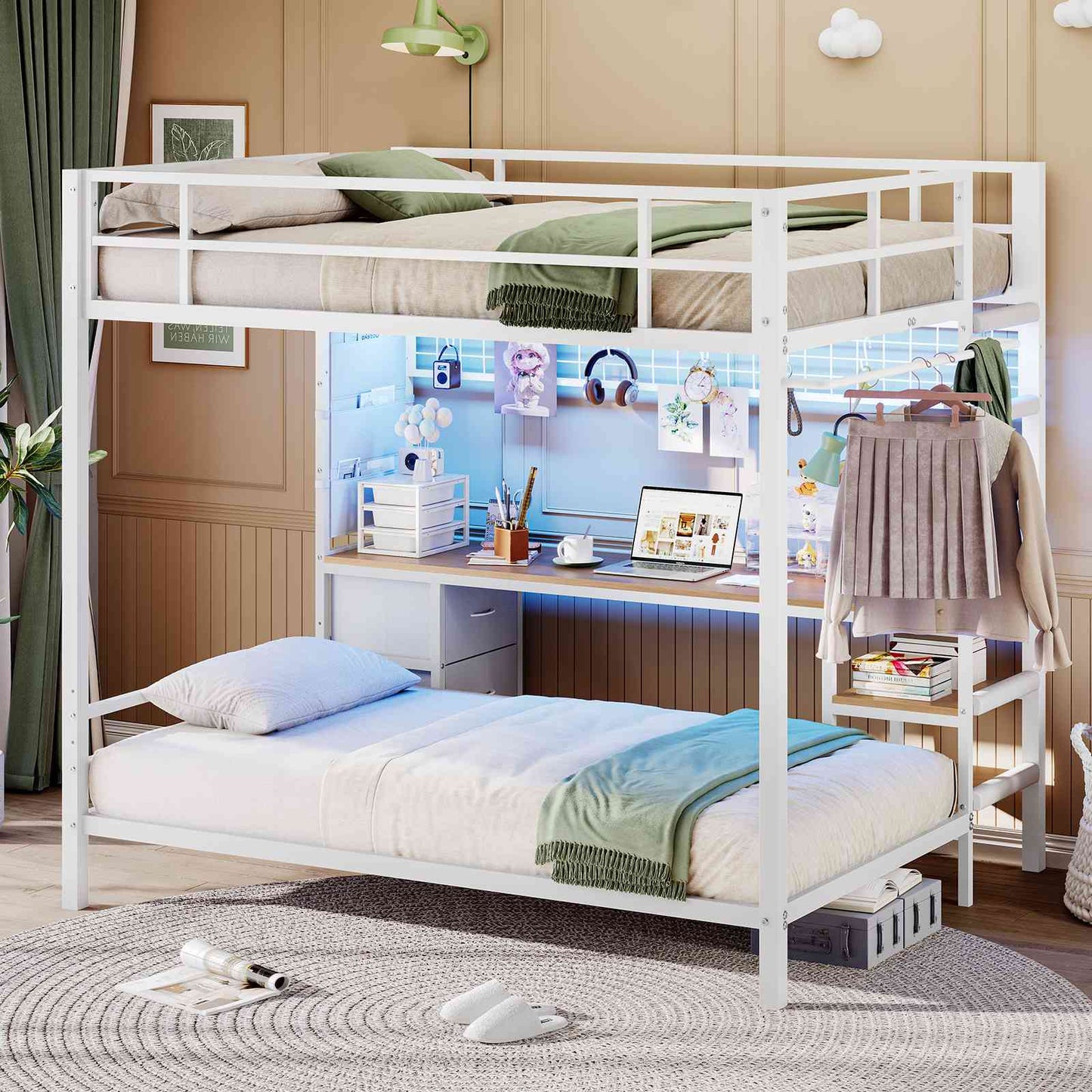 Hasuit | Full Over Twin Bunk Bed with Desk Convertible Storage Shelf Metal Loft Bed with Led Lights & Charging Station Bunk Beds for Teens with Safety Guard & Stairs