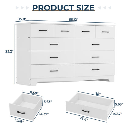 Hasuit | 55.1 Inch Wide 10 Drawer Dresser Large Chest of Drawers with Charging Station Wide Storage Clothes Closet Organizer
