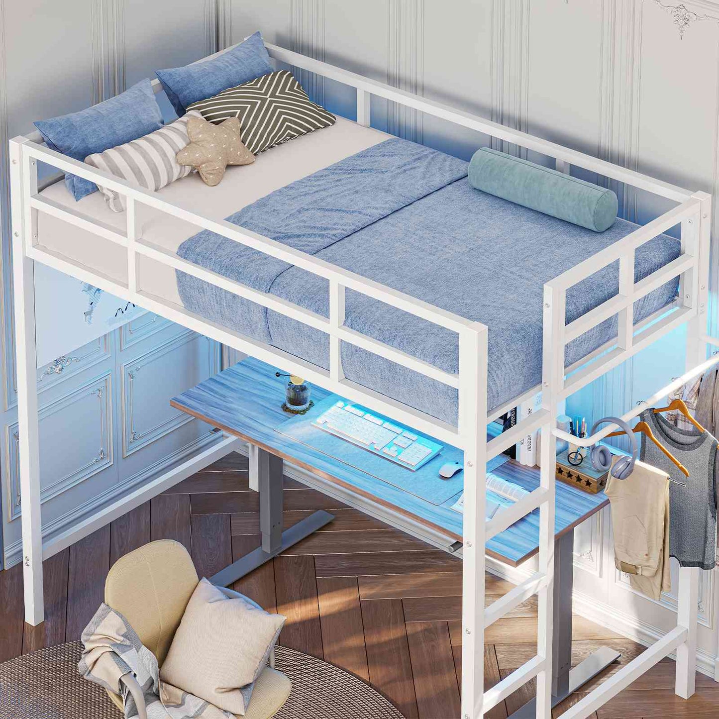 Hasuit | Twin Loft Bed with LED Lights Metal Loft Bed Twin Size with Full-Length Guardrail &Clothes Rack No Box Spring Needed