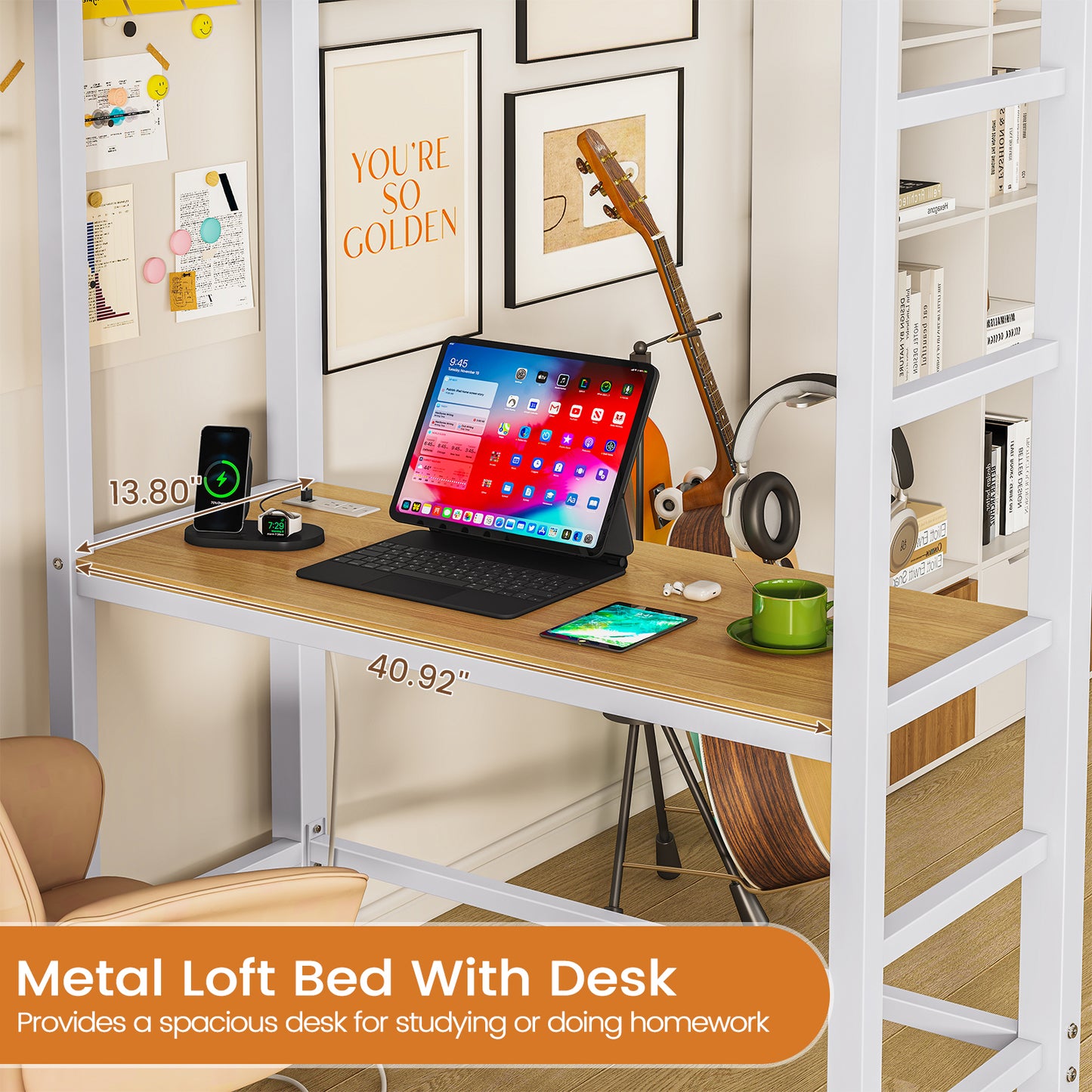 Hasuit | Loft Bed Twin Size with Desk and Charging Station Metal Twin Loft Bed with LED Lights 4 Storage Shelves and Safety Guard