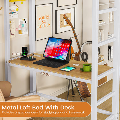 Hasuit | Loft Bed Twin Size with Desk and Charging Station Metal Twin Loft Bed with LED Lights 4 Storage Shelves and Safety Guard