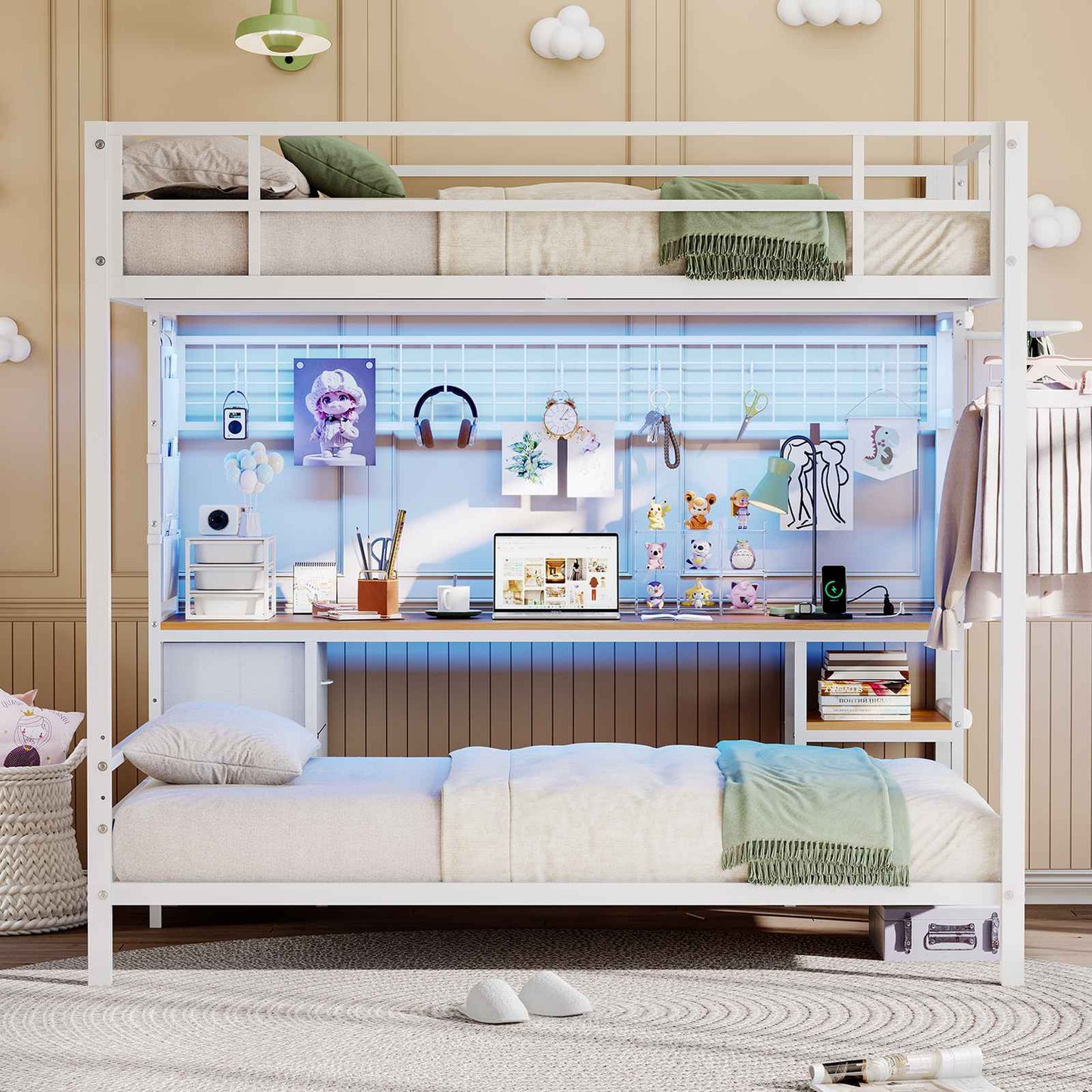 Hasuit | Full Over Twin Bunk Bed with Desk Convertible Storage Shelf Metal Loft Bed with Led Lights & Charging Station Bunk Beds for Teens with Safety Guard & Stairs