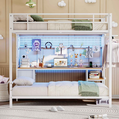 Hasuit | Full Over Twin Bunk Bed with Desk Convertible Storage Shelf Metal Loft Bed with Led Lights & Charging Station Bunk Beds for Teens with Safety Guard & Stairs
