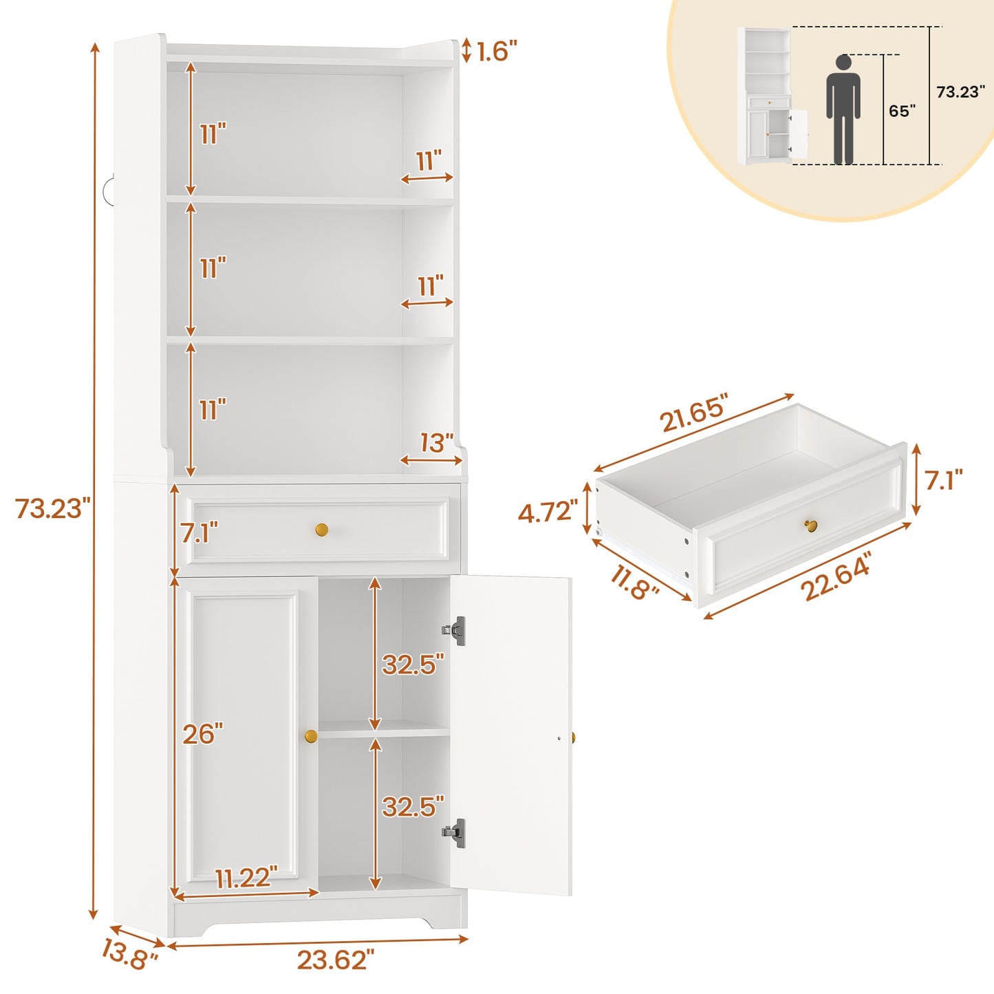 Hasuit | 73 Inch Tall Bookshelves with Doors and Drawer & Shelves Bookcase with Storage Floor Standing 7 Shelf Display Cabinet