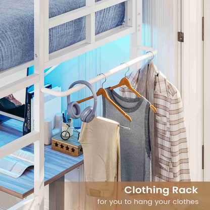 Hasuit | Twin Loft Bed with LED Lights Metal Loft Bed Twin Size with Full-Length Guardrail &Clothes Rack No Box Spring Needed