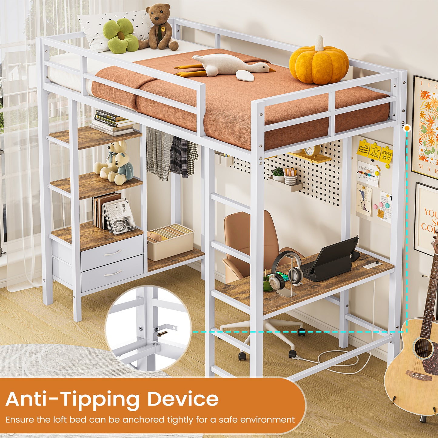 Hasuit | Loft Bed Twin Size with Desk and Charging Station Metal Twin Loft Bed with LED Lights 4 Storage Shelves and Safety Guard