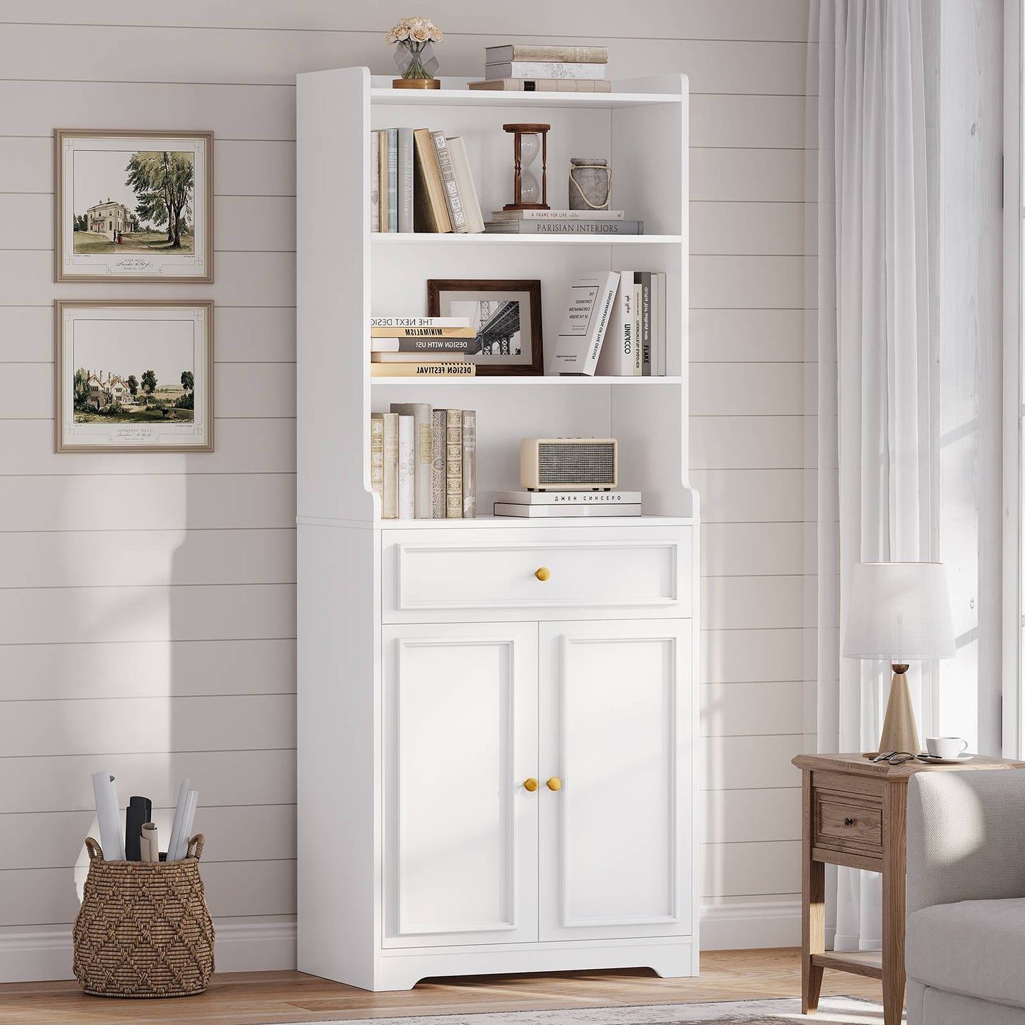 Hasuit | 73 Inch Tall Bookshelves with Doors and Drawer & Shelves Bookcase with Storage Floor Standing 7 Shelf Display Cabinet