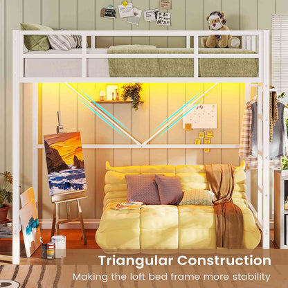 Hasuit | Twin Loft Bed with LED Lights Metal Loft Bed Twin Size with Full-Length Guardrail &Clothes Rack No Box Spring Needed