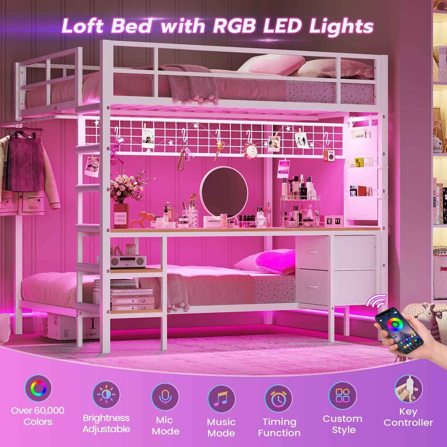 Hasuit | Full Over Twin Bunk Bed with Desk Convertible Storage Shelf Metal Loft Bed with Led Lights & Charging Station Bunk Beds for Teens with Safety Guard & Stairs