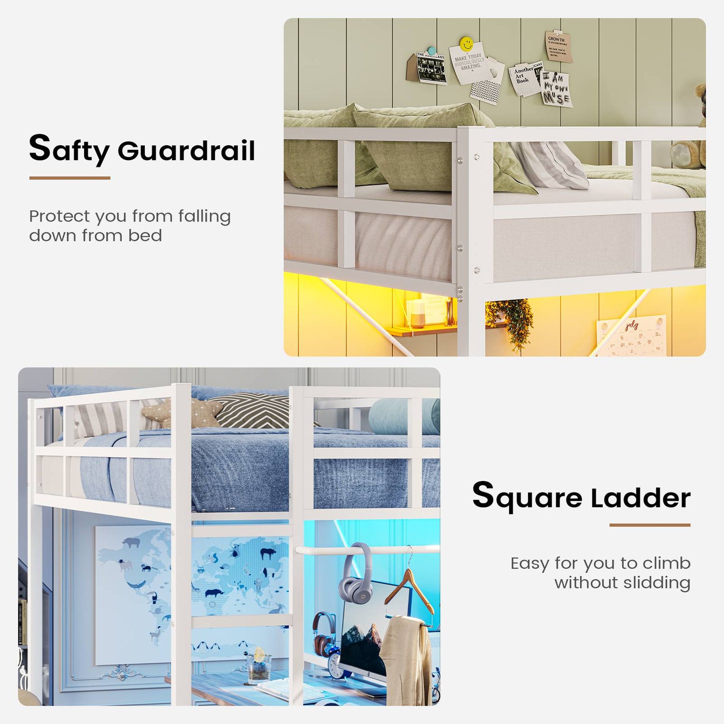 Hasuit | Twin Loft Bed with LED Lights Metal Loft Bed Twin Size with Full-Length Guardrail &Clothes Rack No Box Spring Needed