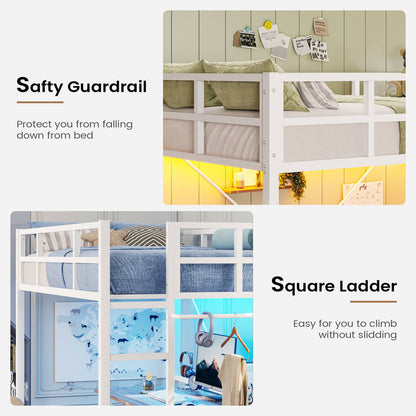 Hasuit | Twin Loft Bed with LED Lights Metal Loft Bed Twin Size with Full-Length Guardrail &Clothes Rack No Box Spring Needed
