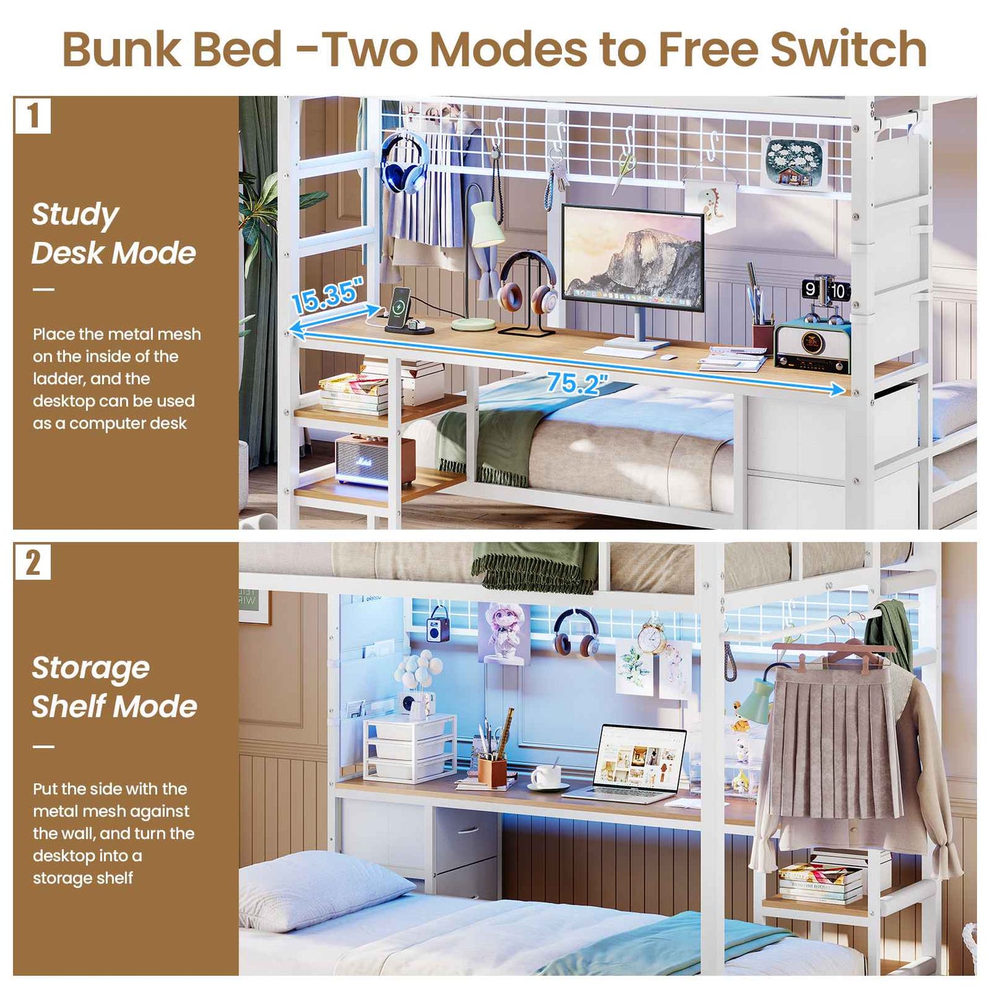 Hasuit | Full Over Twin Bunk Bed with Desk Convertible Storage Shelf Metal Loft Bed with Led Lights & Charging Station Bunk Beds for Teens with Safety Guard & Stairs