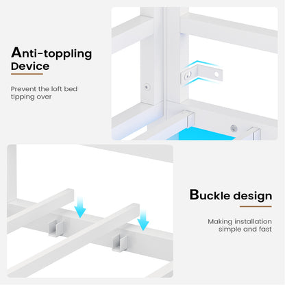 Hasuit | Twin Loft Bed with LED Lights Metal Loft Bed Twin Size with Full-Length Guardrail &Clothes Rack No Box Spring Needed